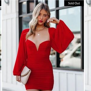 ZABELLA RUCHED STATEMENT SLEEVE MINI DRESS - RED (sold out)